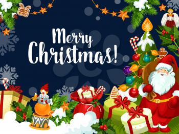 Merry Christmas greeting card and best wishes for Xmas winter holiday season. Vector Santa with gifts and decorations under Christmas tree, snowflakes and holly wreath in New Year snow