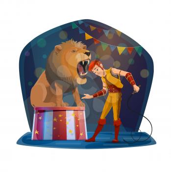 Circus show with handler putting head in lion mouth. Wild beast and man in stage costume, dangerous trick with animal or predator sitting with open mouth, entertainment performance vector isolated
