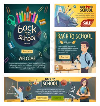 Back to school banners with geography teacher and student at chalkboard during geometry lesson. Color pencils and scissors, rucksack and stationery, microscope for biology and sport items vector