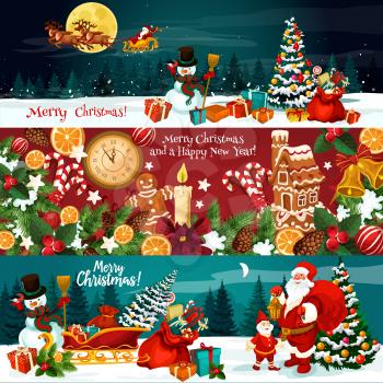 Christmas holiday banner of Xmas gift and New Year festive ornaments. Snowman, Santa and Xmas tree with bell, ribbon bow, holly berry and snowflake, candy, cookie and clock for greeting card design