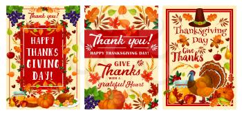 Happy Thanksgiving Day holiday greeting card set for autumn harvest celebration. November festival pumpkin, turkey and pilgrim hat banner, decorated by fruit, vegetable and fallen leaf, corn and wheat
