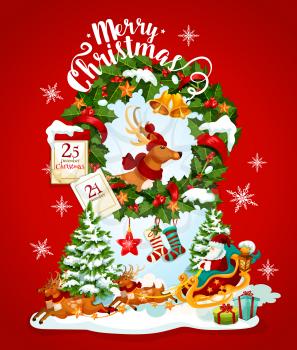 Christmas holiday banner with Santa Claus and reindeer. Xmas tree, gift and Santa reindeer sleigh greeting card with holly berry wreath, bell and ribbon bow, star, snowflake, calendar and sock
