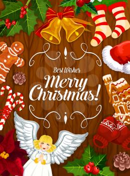 Merry Christmas wishes on wooden banner with winter holiday frame. Xmas bell and angel with ribbon bow, holly branch and candy, Santa hat, sock and gingerbread man festive cookie greeting card design