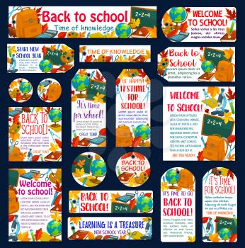 Back to School poster, banner and tag label for September autumn education season. Vector set of school bag, literature lesson book or paint brush and chemistry vial, notebook or ruler and maple leaf
