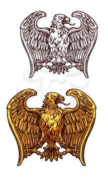 Golden eagle heraldic bird. Gold insignia of eagle, hawk or falcon with open wing and sharp feather isolated icon. Tattoo, medieval coat of arms or heraldry themes design