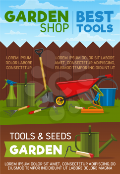 Garden shop gardening tools, items, seed and agriculture equipment. Shovel, watering can and hose, bucket, fork and wheelbarrow, pitchfork, spray and scissors design