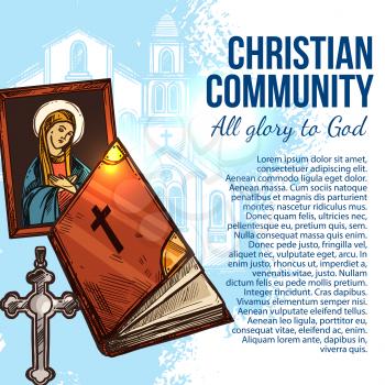 Christian community poster with Christianity religion Bible. Cross, Holy Bible and Mother of God icon with church building. Christian faith banner, catholic and orthodox church theme design