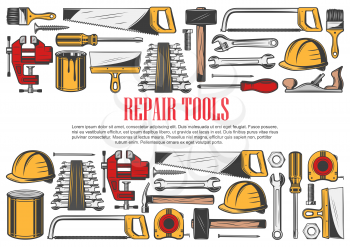 Repair tools with border of house renovation and carpentry equipment. Hammer, screwdriver and wrench, spanner, paint and brush, screw, tape measure and spatula, hard hat and saw tool