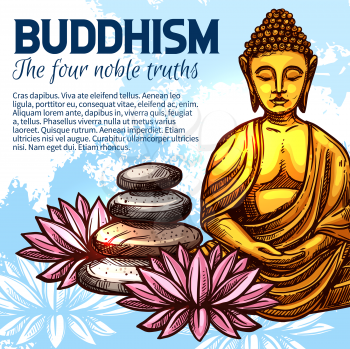 Buddha golden statue, lotus fortune flower and rock balancing. Buddhist religion tradition vector design. Buddhist spiritual practice, Asian culture theme design