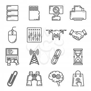 Network and media technology icons. Internet connection, global communication and laptop computer, web link, mobile phone and data cloud, camera, server and digital device, search and memory card