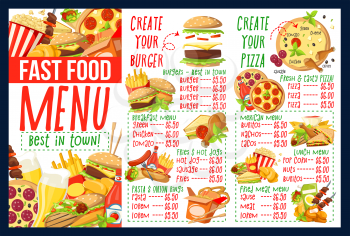 Fast food menu template. Burger, pizza and hamburger, fries, chicken nuggets and hot dog, cheeseburger, taco and sandwich dishes with ingredients. Restaurant and cafe design