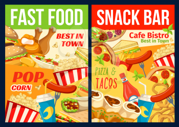 Fast food lunch meal and drink poster. Burger, hamburger and hot dog sandwich, pizza, chicken and soda, popcorn, taco and burrito dish. Restaurant, cafe or snack bar menu