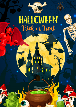 Halloween trick or treat party invitation with autumn holiday horror house of Dracula and scary monsters. Witch, bat and spider, moon, skeleton skull and demon, october night party banner design