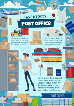 Post office banner of mail delivery. Postal service poster with postman, letter envelope, parcel and box, courier, mail truck and shipping transportation, postage stamp and postbox icons frame