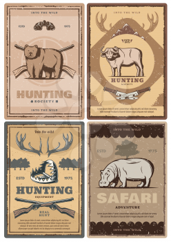 Hunting sport club and african safari tour vintage banner of wild animal and equipment. Bear, buffalo and hippo with gun target, rifle and knife, antlers, trap and binocular. Vector retro style
