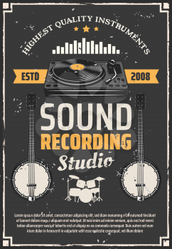 Music recording studio retro poster, musical instrument and equipment. Drum set, vinyl record player and banjo vintage banner with sound equalizer. Recording and audio production theme design