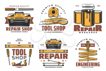 Repair work tools icons. House construction, carpentry and paint service. Old screwdriver, roller and toolbox, tape measure, ruler, knife and wood rasp vintage icons