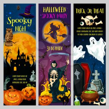 Horror night scary ghost, pumpkin and witch, haunted house, skeleton skull and full moon, zombie and cemetery. Halloween holiday greetings, trick or treat party design
