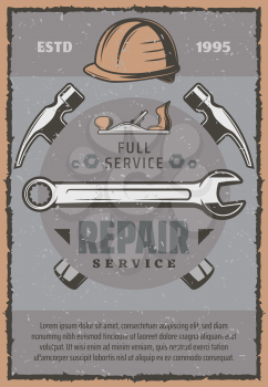 Repair service work tools and items. Hammers, wrench and spanner, hard hat, jack plane and screw tools. Construction, carpentry and building company theme