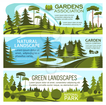 Landscape gardening and green gardens design association banners. Vector design of horticulture company in eco landscaping of forest trees or parkland squares and parks