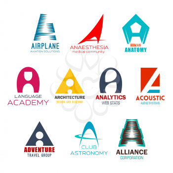 Letter A brand or company corporate identity design in aviation club, medical anatomy and anesthesia industry. Vector A abstract shapes of architecture design, audio store and adventure travel