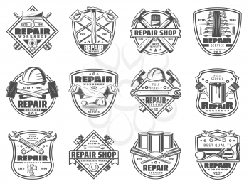 Work tools icons, home repair workshop or store. Vector construction tools of hammer, saw or ruler and spanner with paint brush, grinder plane and screws. House renovation and carpentry theme