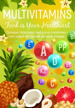 Multivitamin healthy food fruits and nuts. Vector vitamins and minerals pills in pineapple or grapefruit citrus, coconut or hazelnut and peanuts or cashew