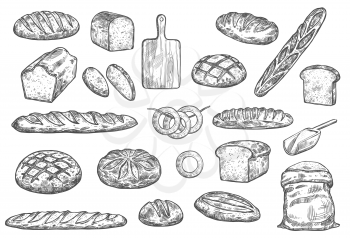 Bread sketch and baker items. Vector isolated flour bag with dough, wheat bread bagel or toast loaf and croissant or rye bun and ciabatta baguette on cutting board