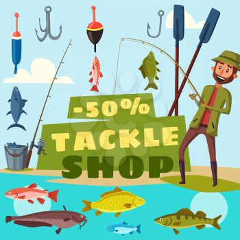 Fisher shop advertisement, fishing tackles offer. Vector cartoon design of fisher man with rods, baits and bookers or fish catch on hook with trout or pike and salmon