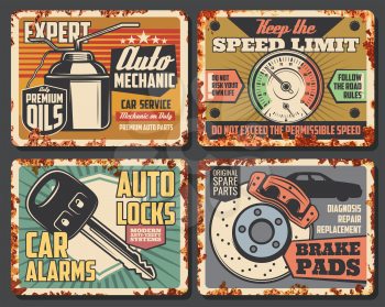 Car service and auto mechanic repair center signboard, vintage rust effect. Vector retro rusty posters of oil, car alarms and key replacement, dashboard tuning and brake pads. Spare parts store theme