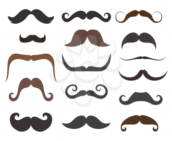 Mustaches style, barbershop or barber fashion. Vector isolated icons of retro and modern long and short classic and hipster or lumberjack man mustache types of different colors