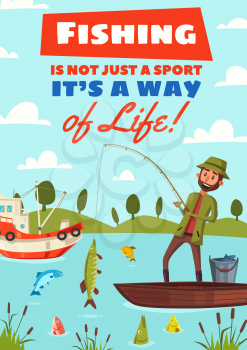 Fishing sport or fisherman hobby cartoon poster. Vector design of happy fisher man in boat on lake or river with rod and big pike fish catch on hook in outdoor nature landscape