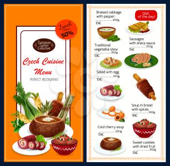 Czech cuisine traditional food menu. Vector lunch offer discount for braised cabbage with pepper, vegetable stew or sausages with sauce and egg salad, cold cherry soup in bread or sweet cookies