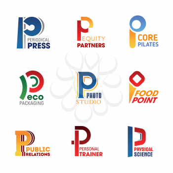 Letter P icons for company corporate identity in press media, business or sport and food industry. Vector letter P symbols for fastfood cafe, company partner or ecology environment and gym trainer