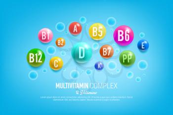 Vitamin complex poster for healthy food and nutrition. Vector 12 multivitamins capsules and minerals pills of dietary supplement for pharmacy advertisement or vitamins package design