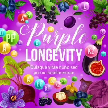 Purple diet for longevity, healthy eating and natural nutrition program. Vector poster of vitamins and minerals in purple organic tropical fruits, berries or vegetables