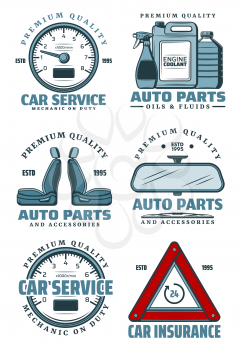 Car service icons for auto parts store and mechanic repair on garage transport station. Vector symbols of car speedometer, engine chemicals of oil, coolant and driver insurance