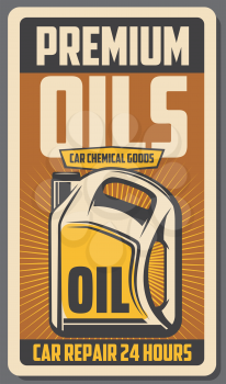 Car engine premium oils advertisement retro poster. Vector vintage design for automobile transport service or mechanic garage station for oil and chemical liquids replacement