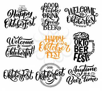 Oktoberfest lettering calligraphy for traditional Bavarian beer festival. Vector design of beer glass or pint mug with froth and pretzel ir curry wurst sausage snack for Munich brewery feast