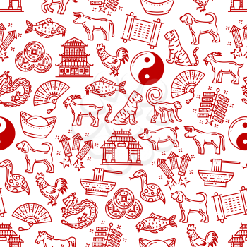 Chinese symbols pattern background of traditional celebration and lunar zodiac animal signs. Vector seamless Chinese New Year dragon fireworks, coins and noodles, temple lanterns and lucky carp fish