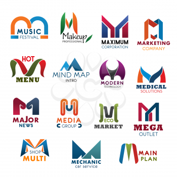 Letter M icons modern design for company, brand name and business corporate identity. Vector abstract M for music festival, makeup studio or maximum corporation and marketing or medical technology