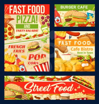 Fastfood restaurant menu posters and banners for street food meals and snacks. Vector delivery for pizzeria pizza, cheeseburgers and hamburgers or hot dog sandwiches, drinks and desserts