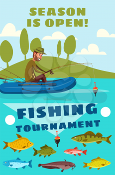 Fishing and recreation poster for fisherman tournament and fish catch season adventure. Vector cartoon design of fisher man in inflatable boat on lake or river with carp, salmon or pike on rod hook