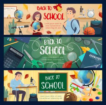 Back to School banners of teacher and pupil in classroom for education season. Vector college boy with school bag or backpack study geometry, or biology with microscope or globe at chalkboard