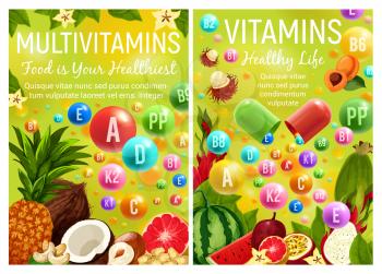 Healthy fruits and nuts with vitamins for healthy nutrition and pharmacy multivitamin complex advertisement design, Vector vitamin pills with tropical pineapple, watermelon or avocado and citrus