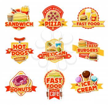 Fast food restaurant and cafe icons. Burger, hot dog and sandwich, pizza, fries and soda, donut, coffee and ice cream, cheeseburger with ribbon banners and stars. Vector food package theme