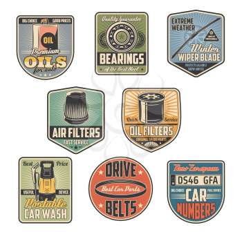 Car service and auto repair part shop vector retro icons. Vehicle motor oil, air filter and automobile number plate, car wash, drive belt and bearing old symbols. Garage and mechanic workshop theme