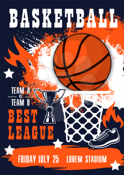 Basketball championship league match banner. Ball, basket, champion trophy cup and boots, decorated with stars and fire flame. Sport game competition theme design