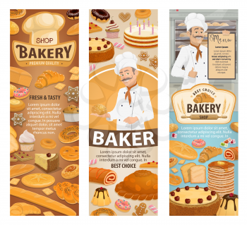 Bakery shop, baker and pastries. Bread, baguette and croissant, cake, cupcake and donut, pie, bun and pastry chef with menu, baker hat and rolling pin. Cafe or confectionery theme