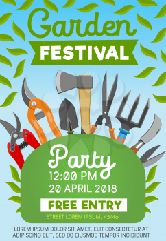 Garden festival invitation with gardening tools and green leaves. Vector shovel, fork and rake, scissors, axe and secateurs work equipment. Gardening, farming, agriculture and landscaping theme